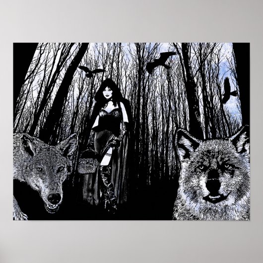 Witch en werewolven in de bossilhouette-kunst poster (Voorkant)