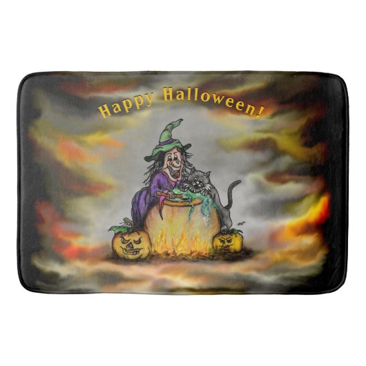 Witch en zwarte kat, Happy Halloween! Badmat (Voorkant)