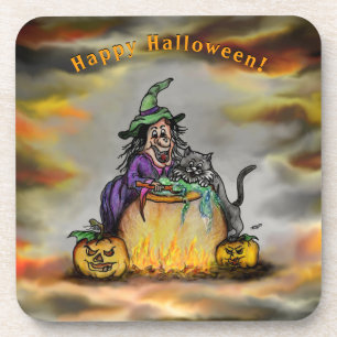 Witch en zwarte kat, Happy Halloween! Bier Onderzetter