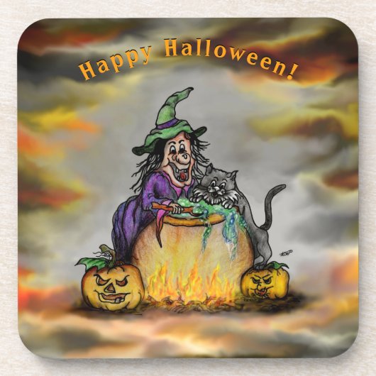 Witch en zwarte kat, Happy Halloween! Bier Onderzetter (Voorkant)