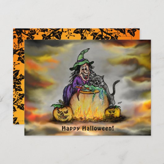 Witch en zwarte kat, Happy Halloween! Briefkaart (Voorkant / Achterkant)