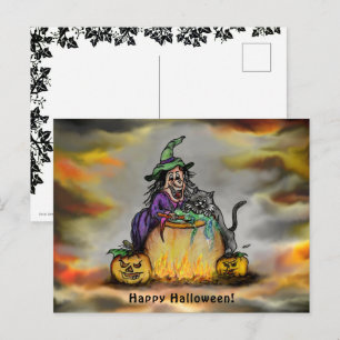 Witch en zwarte kat, Happy Halloween! Briefkaart