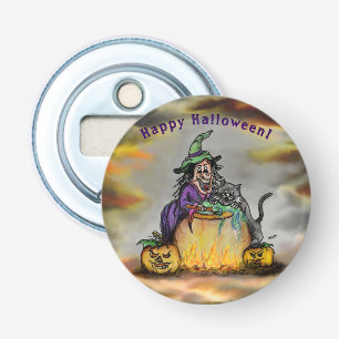 Witch en zwarte kat, Happy Halloween! Button Flesopener