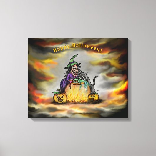 Witch en zwarte kat, Happy Halloween! Canvas Afdruk (Voorkant)