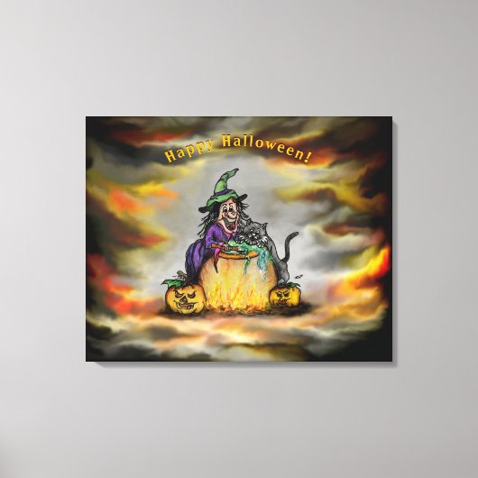 Witch en zwarte kat, Happy Halloween! Canvas Afdruk (Voorkant)