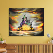 Witch en zwarte kat, Happy Halloween! Canvas Afdruk (Insitu (Woonkamer))