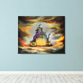 Witch en zwarte kat, Happy Halloween! Canvas Afdruk (Insitu (Houten vloer))