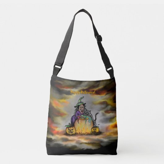 Witch en zwarte kat, Happy Halloween! Crossbody Tas (Voorkant)