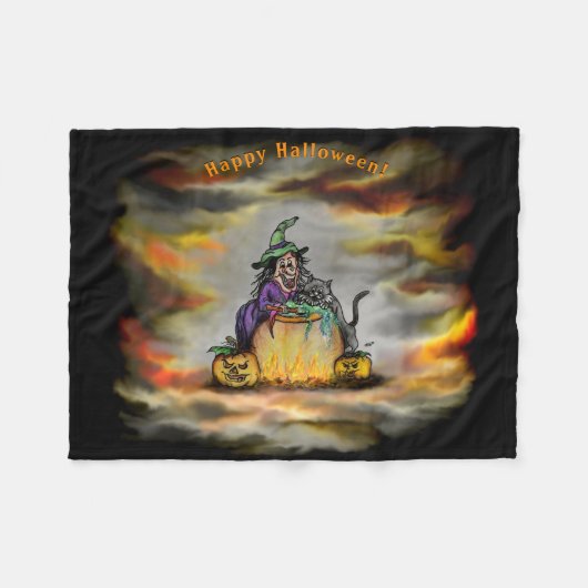 Witch en zwarte kat, Happy Halloween! Fleece Deken (Voorkant (Horizontaal))