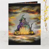 Witch en zwarte kat, Happy Halloween! Kaart (Gele Bloem)