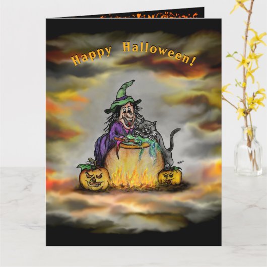 Witch en zwarte kat, Happy Halloween! Kaart (Gele Bloem)