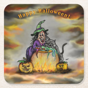 Witch en zwarte kat, Happy Halloween! Kartonnen Onderzetters