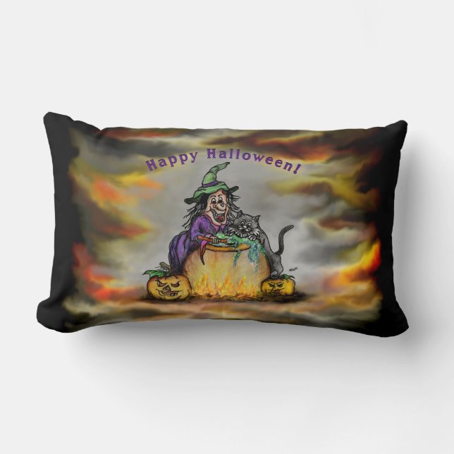 Witch en zwarte kat, Happy Halloween! Kussen (Voorkant)