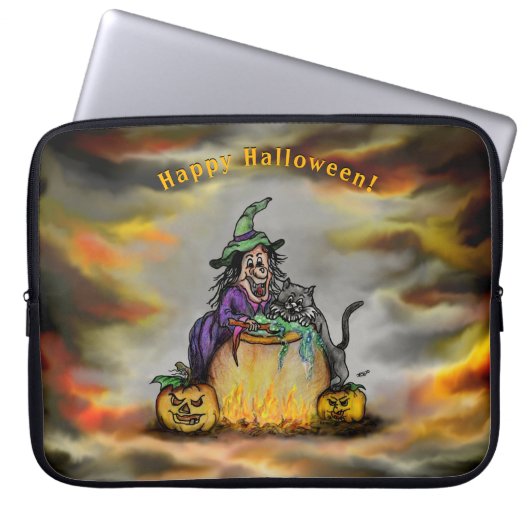 Witch en zwarte kat, Happy Halloween! Laptop Sleeve (Voorkant)