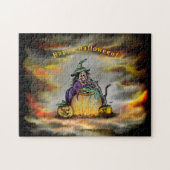 Witch en zwarte kat, Happy Halloween! Legpuzzel (Horizontaal)