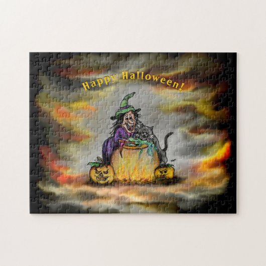 Witch en zwarte kat, Happy Halloween! Legpuzzel (Horizontaal)
