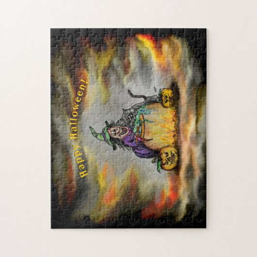 Witch en zwarte kat, Happy Halloween! Legpuzzel (Verticaal)