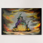 Witch en zwarte kat, Happy Halloween! Legpuzzel (Horizontaal)
