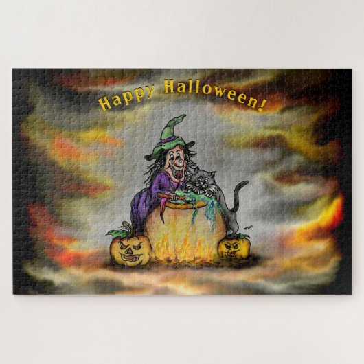 Witch en zwarte kat, Happy Halloween! Legpuzzel (Horizontaal)