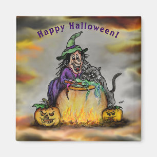 Witch en zwarte kat, Happy Halloween! Magneet