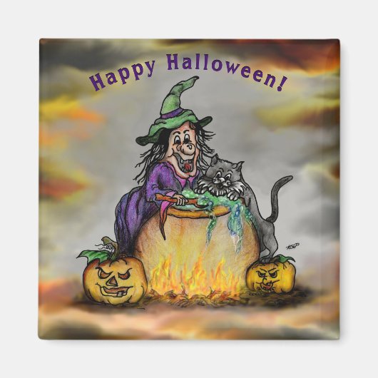Witch en zwarte kat, Happy Halloween! Magneet (Voorkant)