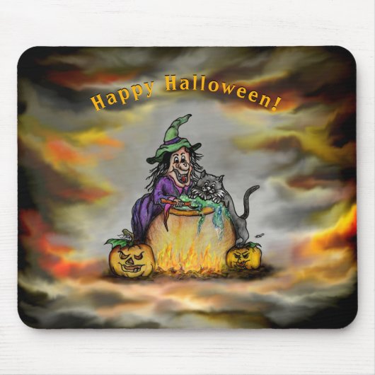 Witch en zwarte kat, Happy Halloween! Muismat (Voorkant)