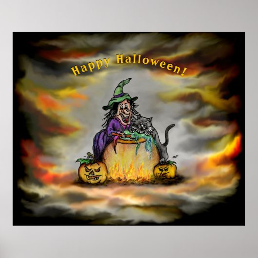 Witch en zwarte kat, Happy Halloween! Poster (Voorkant)