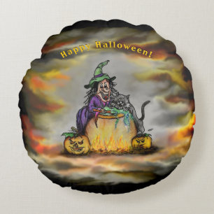 Witch en zwarte kat, Happy Halloween! Rond Kussen