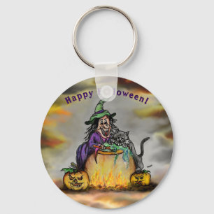 Witch en zwarte kat, Happy Halloween! Sleutelhanger