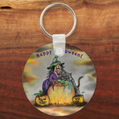 Witch en zwarte kat, Happy Halloween! Sleutelhanger (Voorkant)