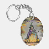 Witch en zwarte kat, Happy Halloween! Sleutelhanger (Voorkant Links)