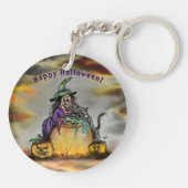 Witch en zwarte kat, Happy Halloween! Sleutelhanger (Achterkant)