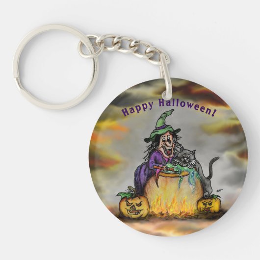 Witch en zwarte kat, Happy Halloween! Sleutelhanger (Voorkant)