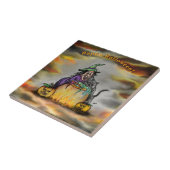 Witch en zwarte kat, Happy Halloween! Tegeltje (Zijkant)