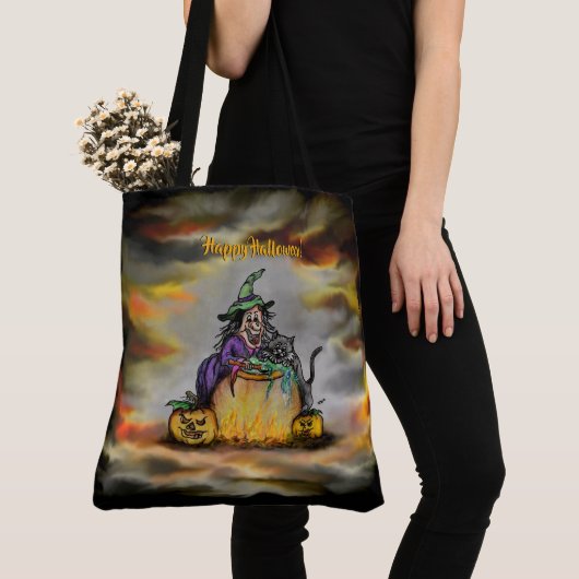 Witch en zwarte kat, Happy Halloween! Tote Bag (Dichtbij)