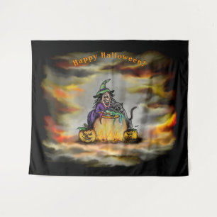 Witch en zwarte kat, Happy Halloween! Wandkleed
