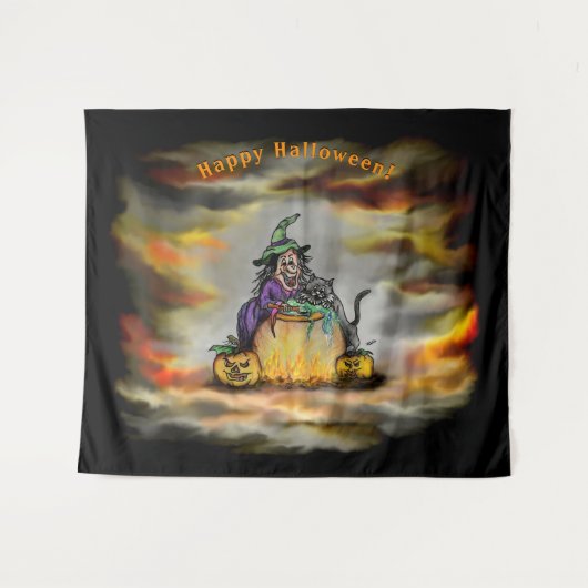 Witch en zwarte kat, Happy Halloween! Wandkleed (Voorkant (horizontaal))