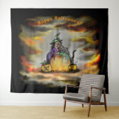 Witch en zwarte kat, Happy Halloween! Wandkleed (In Situ (horizontaal))