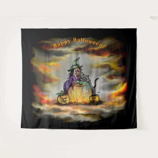 Witch en zwarte kat, Happy Halloween! Wandkleed (Voorkant (horizontaal))