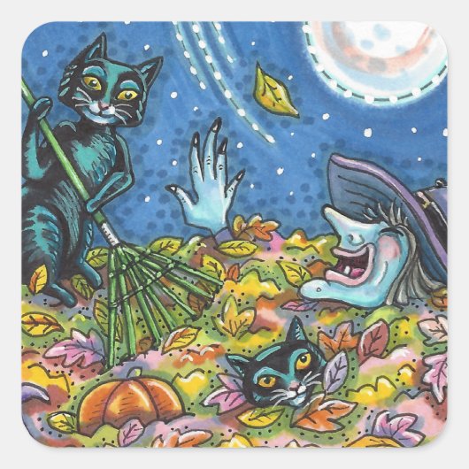WITCH EN ZWARTE VANGERSCHAPSREMMEN, FUNNY HALLOEEN VIERKANTE STICKER (Voorkant)