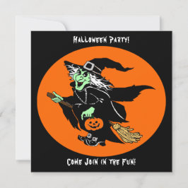 Witch Flying Halloween Cartoon Invitation Kaart