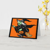 Witch Flying Halloween Cartoon Kaart (Gele Bloem)