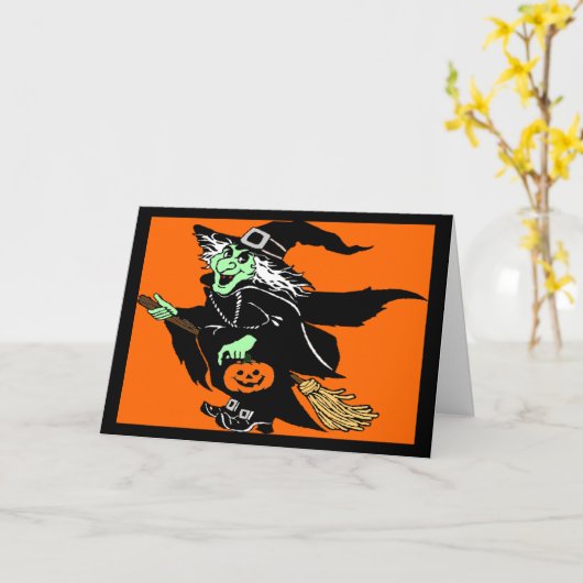 Witch Flying Halloween Cartoon Kaart (Gele Bloem)
