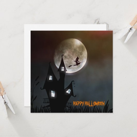 Witch Flying Happy Halloween Persoonlijke Kaart (Voorkant / Achterkant in situ)