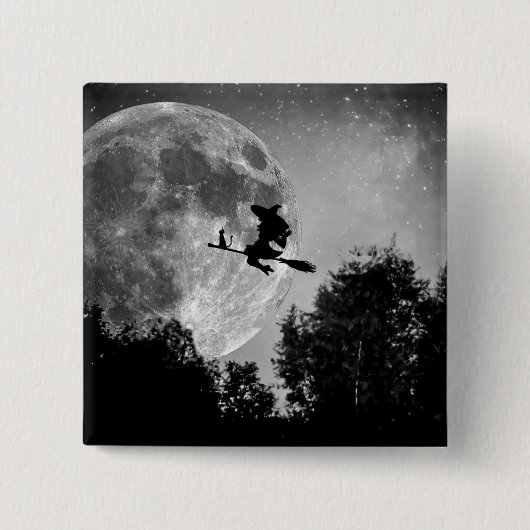 Witch flying on the broom with her cat vierkante button 5,1 cm (Voorkant)