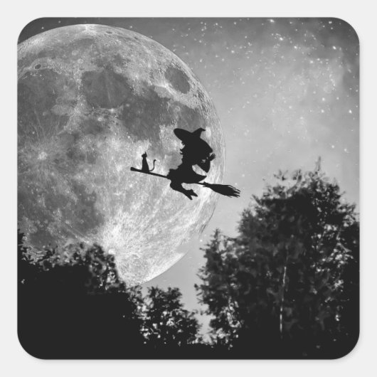Witch flying on the broom with her cat vierkante sticker (Voorkant)