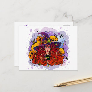 Witch Ghost en Pumpkins Briefkaart