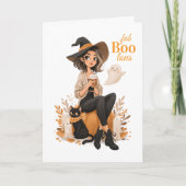 Witch Girl Coffee Cat & Pumpkin Cute Halloween Kaart (Voorkant)