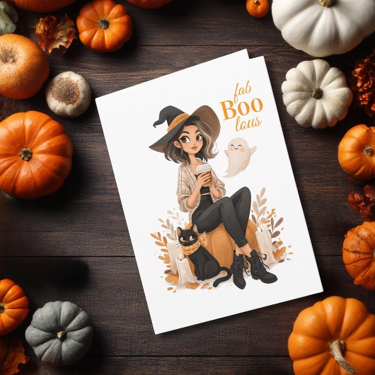 Witch Girl Coffee Cat & Pumpkin Cute Halloween Kaart