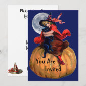 Witch Girl en Cat Halloween Invitation Kaart (Voorkant / Achterkant)